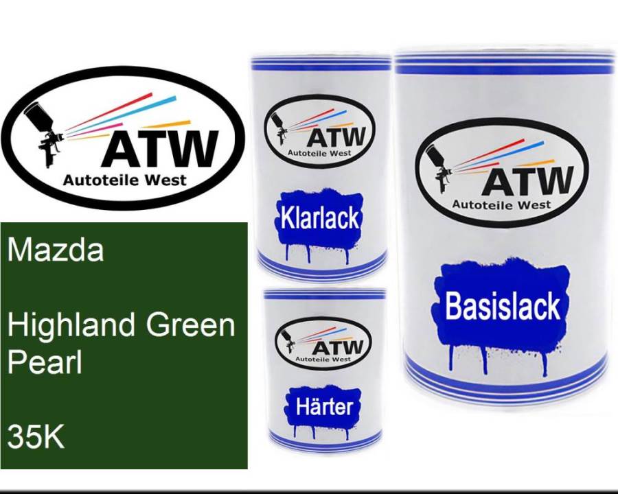 Mazda, Highland Green Pearl, 35K: 500ml Lackdose + 500ml Klarlack + 250ml Härter - Set, von ATW Autoteile West.